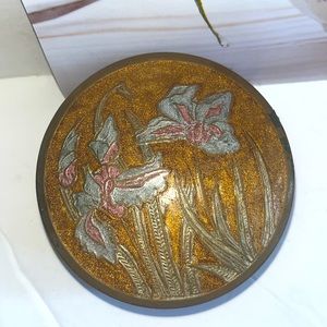 Vintage bronze metal treasure piece container with purple iris design go…
